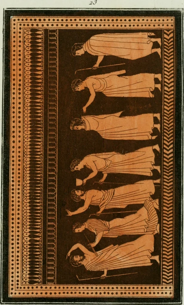 An illustration from Antiquités étrusques, grecques et romaines : ou les beaux vases étrusques, grecs et romains, et les peintures rendues avec les couleurs qui leur sont propres, 1787, leaf 242