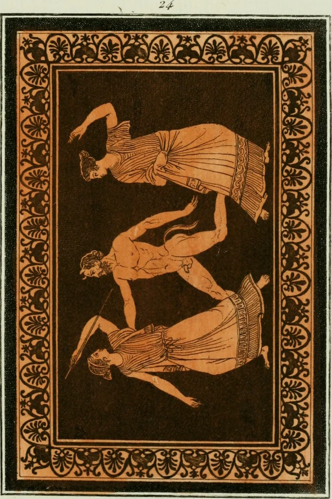 An illustration from Antiquités étrusques, grecques et romaines : ou les beaux vases étrusques, grecs et romains, et les peintures rendues avec les couleurs qui leur sont propres, 1787, leaf 244
