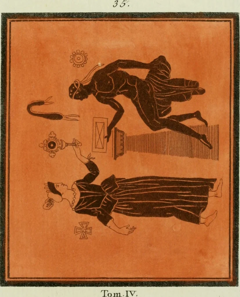 An illustration from Antiquités étrusques, grecques et romaines : ou les beaux vases étrusques, grecs et romains, et les peintures rendues avec les couleurs qui leur sont propres, 1787, leaf 266