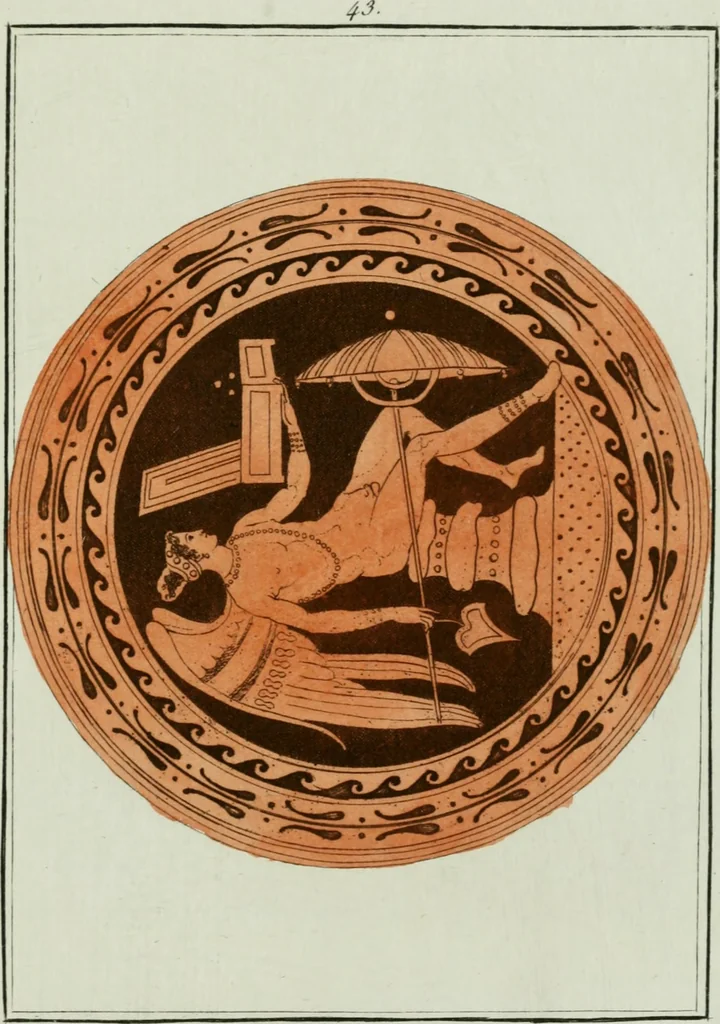 An illustration from Antiquités étrusques, grecques et romaines : ou les beaux vases étrusques, grecs et romains, et les peintures rendues avec les couleurs qui leur sont propres, 1787, leaf 280