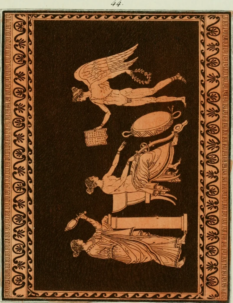 An illustration from Antiquités étrusques, grecques et romaines : ou les beaux vases étrusques, grecs et romains, et les peintures rendues avec les couleurs qui leur sont propres, 1787, leaf 282