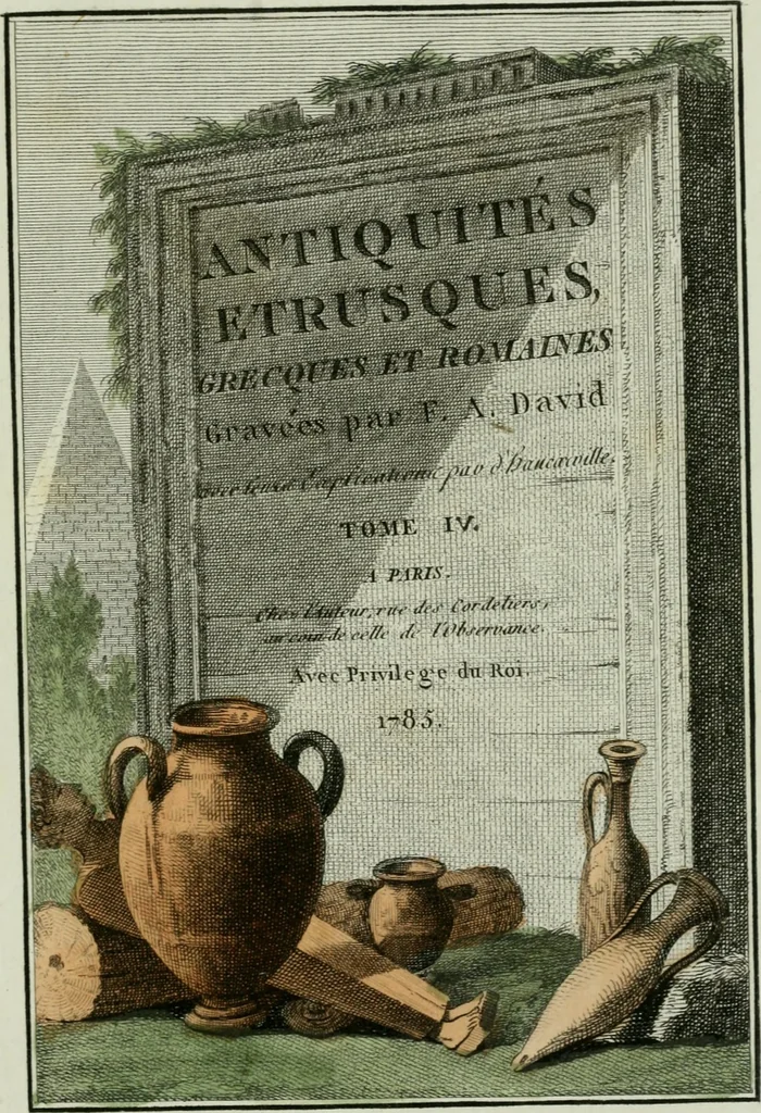 An illustration from Antiquités étrusques, grecques et romaines : ou les beaux vases étrusques, grecs et romains, et les peintures rendues avec les couleurs qui leur sont propres, 1787, leaf 6