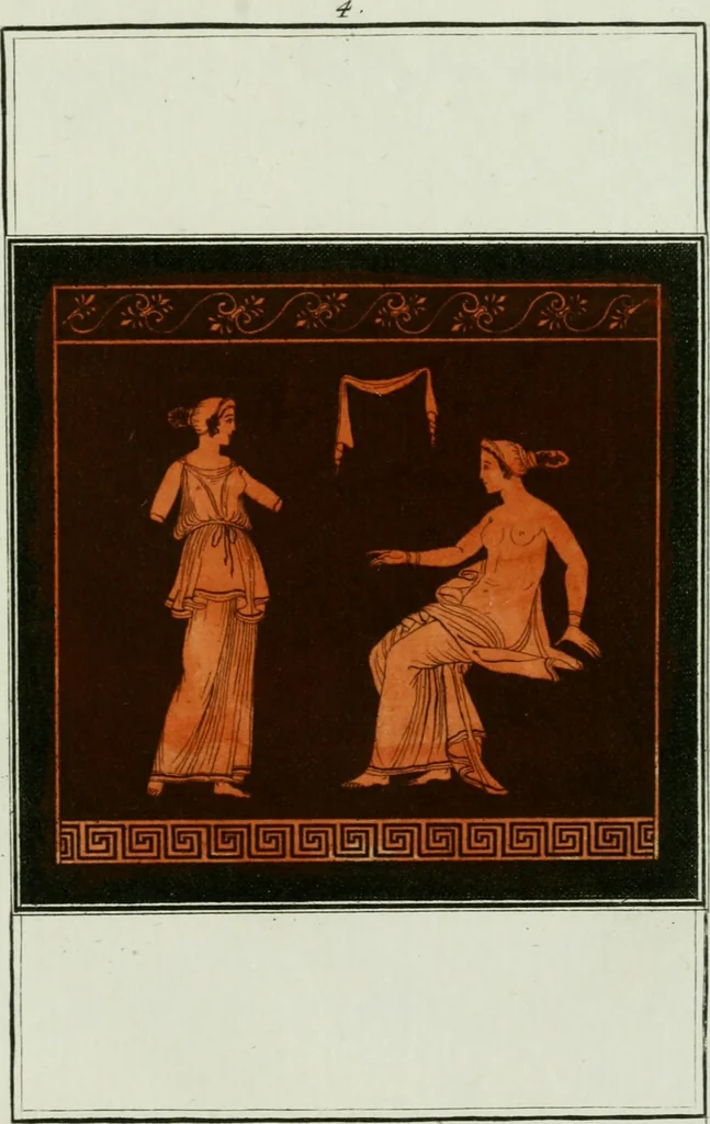 An illustration from Antiquités étrusques, grecques et romaines : ou les beaux vases étrusques, grecs et romains, et les peintures rendues avec les couleurs qui leur sont propres, 1787, leaf 128