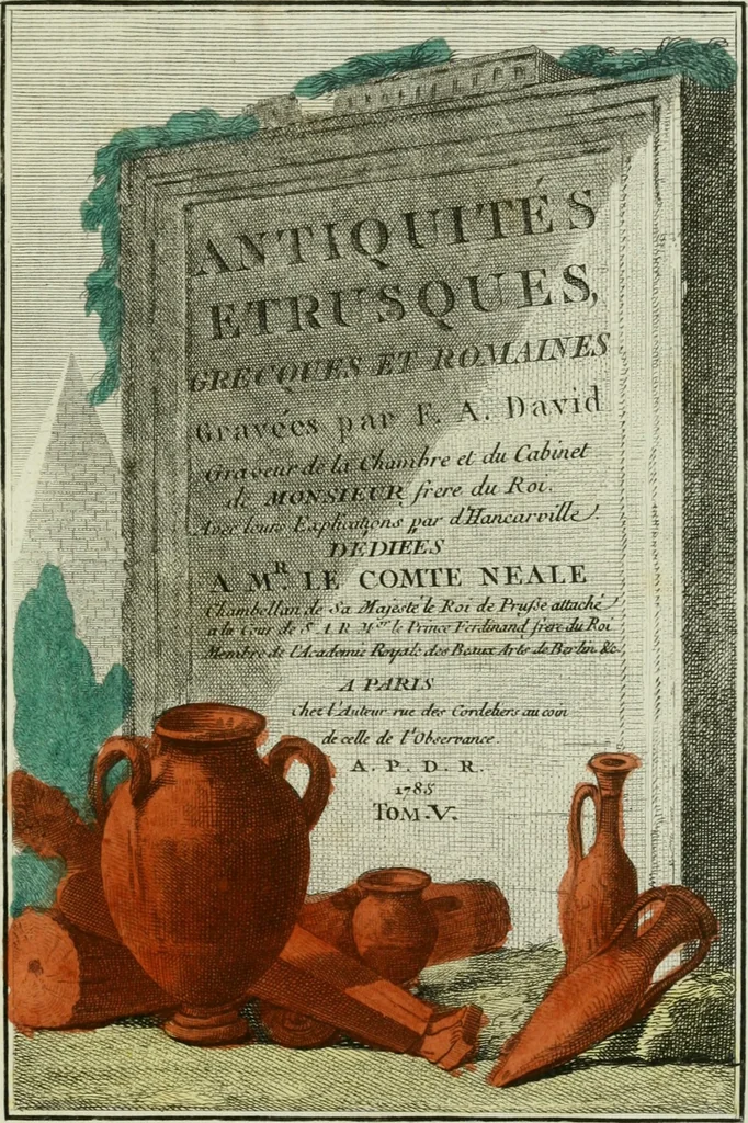 An illustration from Antiquités étrusques, grecques et romaines : ou les beaux vases étrusques, grecs et romains, et les peintures rendues avec les couleurs qui leur sont propres, 1787, leaf 6