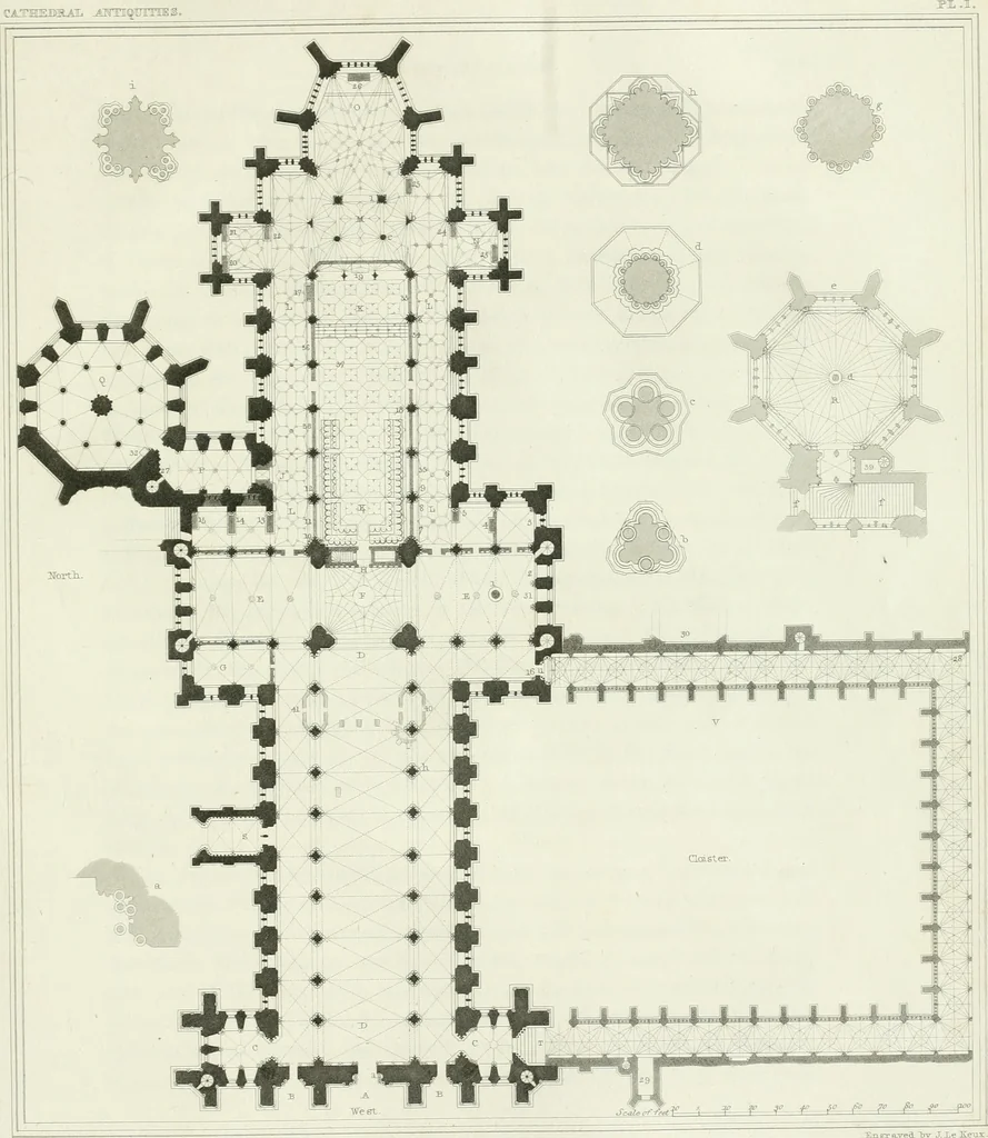 An illustration from The history and antiquities of the cathedral church of Wells: illustrated by a series of engravings, of views, elevations, plans, and details of the architecture of that edifice; including biographical anecdotes of the bishops of the see of Bath and Wells, 1824, leaf 130