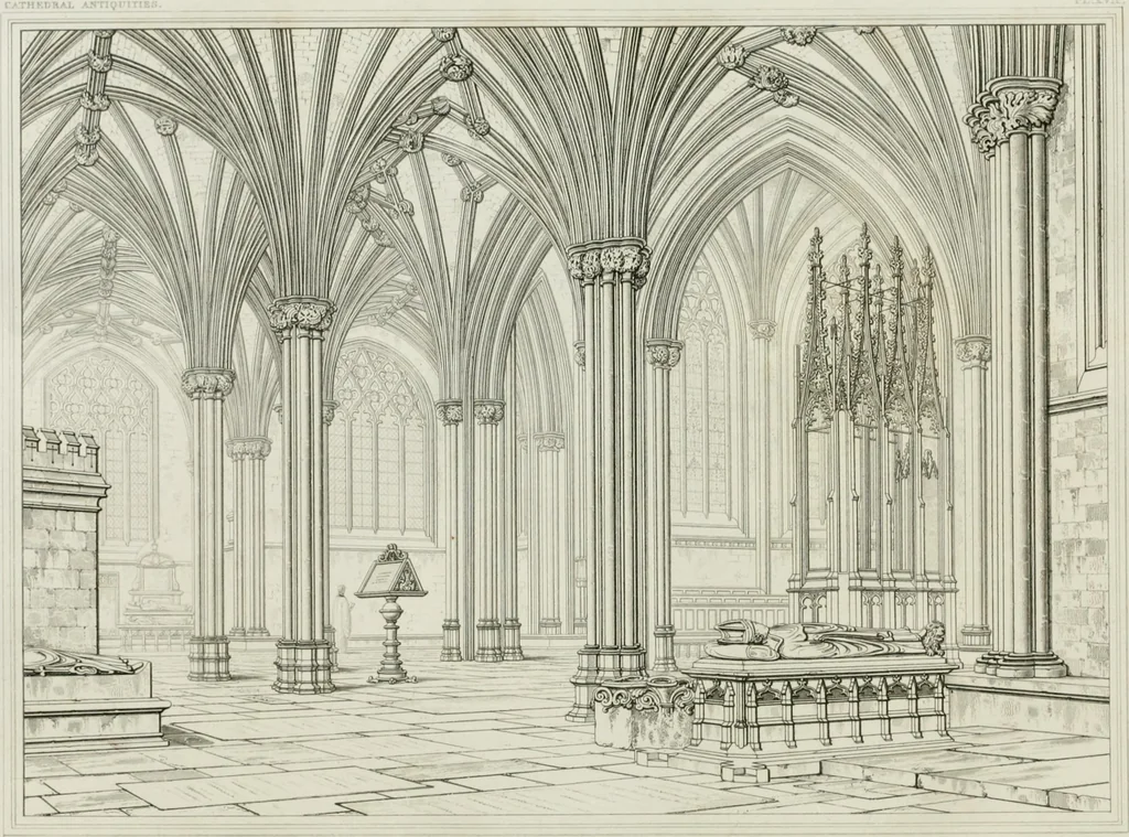 An illustration from The history and antiquities of the cathedral church of Wells: illustrated by a series of engravings, of views, elevations, plans, and details of the architecture of that edifice; including biographical anecdotes of the bishops of the see of Bath and Wells, 1824, leaf 155