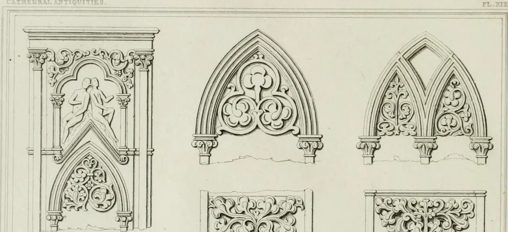 An illustration from The history and antiquities of the cathedral church of Wells: illustrated by a series of engravings, of views, elevations, plans, and details of the architecture of that edifice; including biographical anecdotes of the bishops of the see of Bath and Wells, 1824, leaf 159