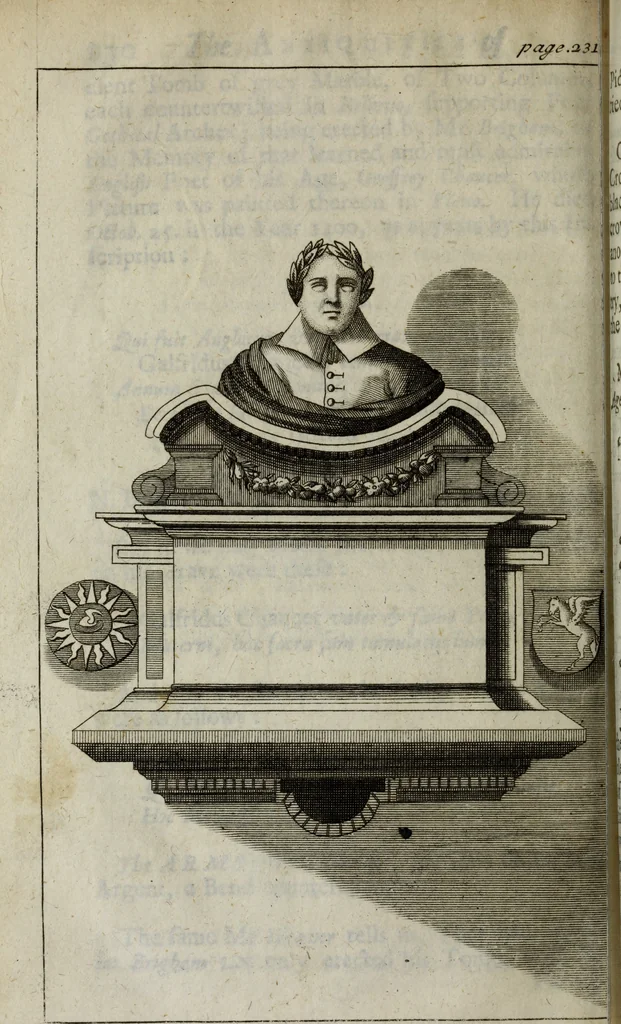 An illustration from The antiquities of St. Peters, or the abbey church of Westminster : containing all the inscriptions, epitaphs, &c. upon the tombs and grave-stones : with the lives, marriages and issue of the most eminent personages therein reposited and their coats of arms truly emblazon'd, 1711, leaf 249