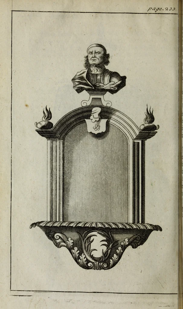 An illustration from The antiquities of St. Peters, or the abbey church of Westminster : containing all the inscriptions, epitaphs, &c. upon the tombs and grave-stones : with the lives, marriages and issue of the most eminent personages therein reposited and their coats of arms truly emblazon'd, 1711, leaf 253