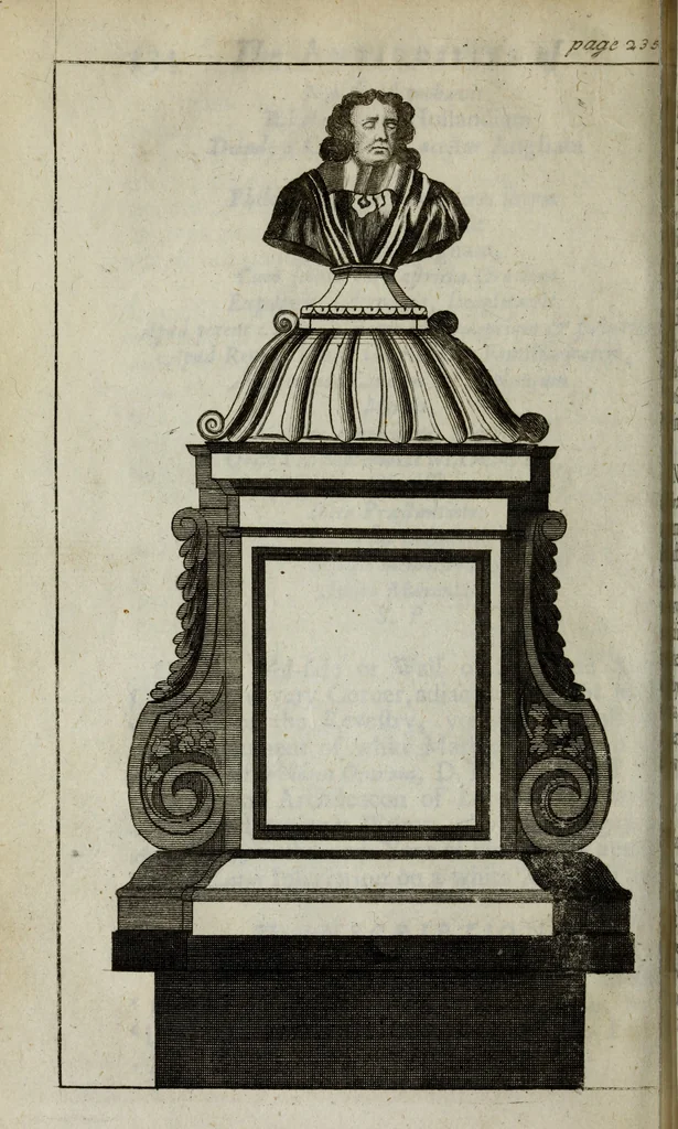 An illustration from The antiquities of St. Peters, or the abbey church of Westminster : containing all the inscriptions, epitaphs, &c. upon the tombs and grave-stones : with the lives, marriages and issue of the most eminent personages therein reposited and their coats of arms truly emblazon'd, 1711, leaf 257