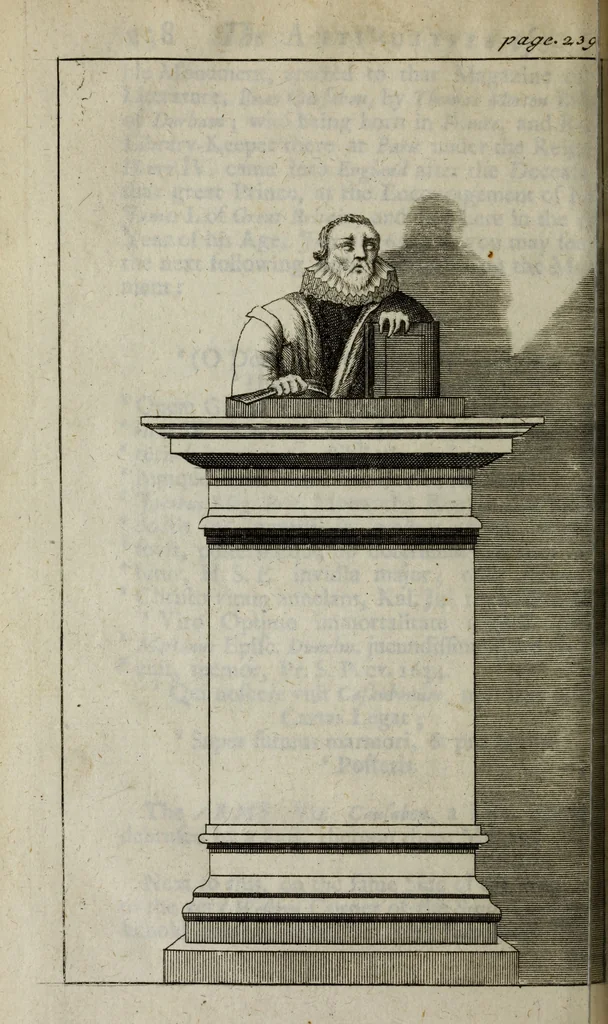 An illustration from The antiquities of St. Peters, or the abbey church of Westminster : containing all the inscriptions, epitaphs, &c. upon the tombs and grave-stones : with the lives, marriages and issue of the most eminent personages therein reposited and their coats of arms truly emblazon'd, 1711, leaf 263
