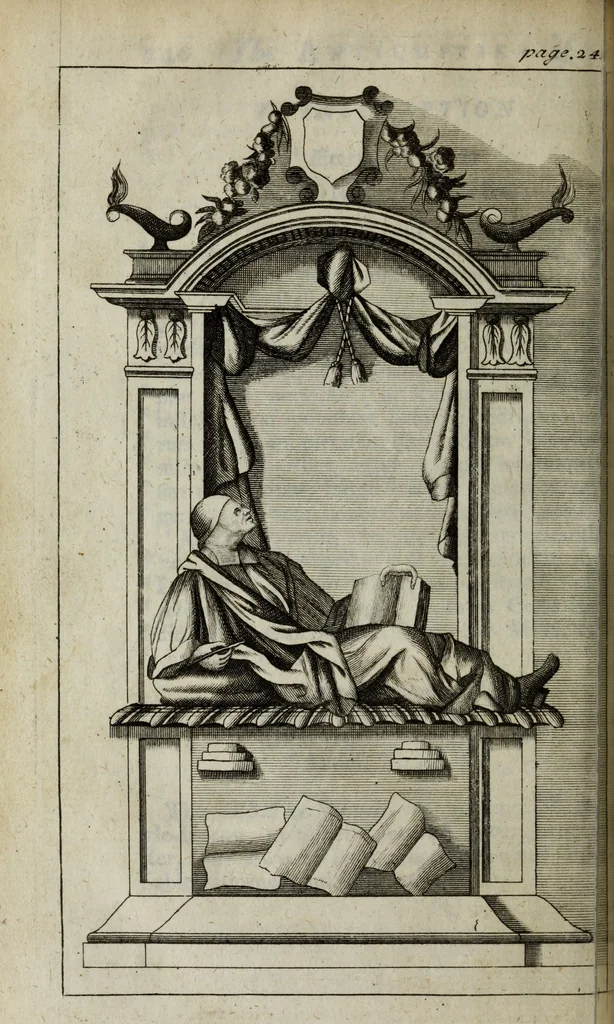 An illustration from The antiquities of St. Peters, or the abbey church of Westminster : containing all the inscriptions, epitaphs, &c. upon the tombs and grave-stones : with the lives, marriages and issue of the most eminent personages therein reposited and their coats of arms truly emblazon'd, 1711, leaf 267