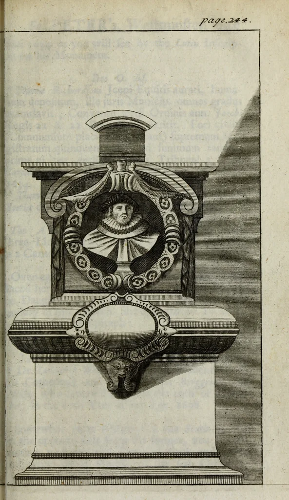 An illustration from The antiquities of St. Peters, or the abbey church of Westminster : containing all the inscriptions, epitaphs, &c. upon the tombs and grave-stones : with the lives, marriages and issue of the most eminent personages therein reposited and their coats of arms truly emblazon'd, 1711, leaf 272