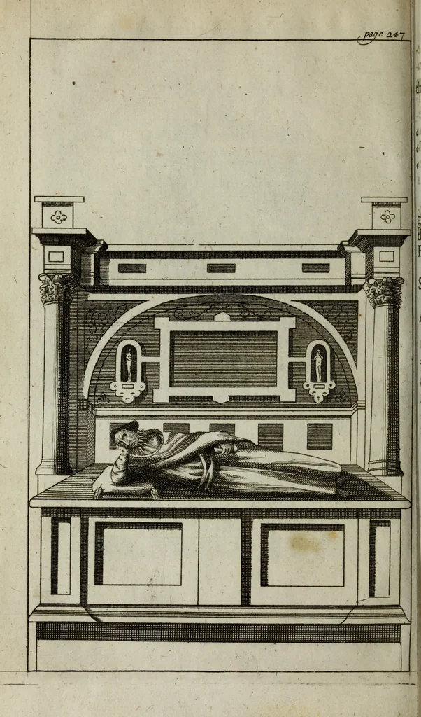 An illustration from The antiquities of St. Peters, or the abbey church of Westminster : containing all the inscriptions, epitaphs, &c. upon the tombs and grave-stones : with the lives, marriages and issue of the most eminent personages therein reposited and their coats of arms truly emblazon'd, 1711, leaf 279
