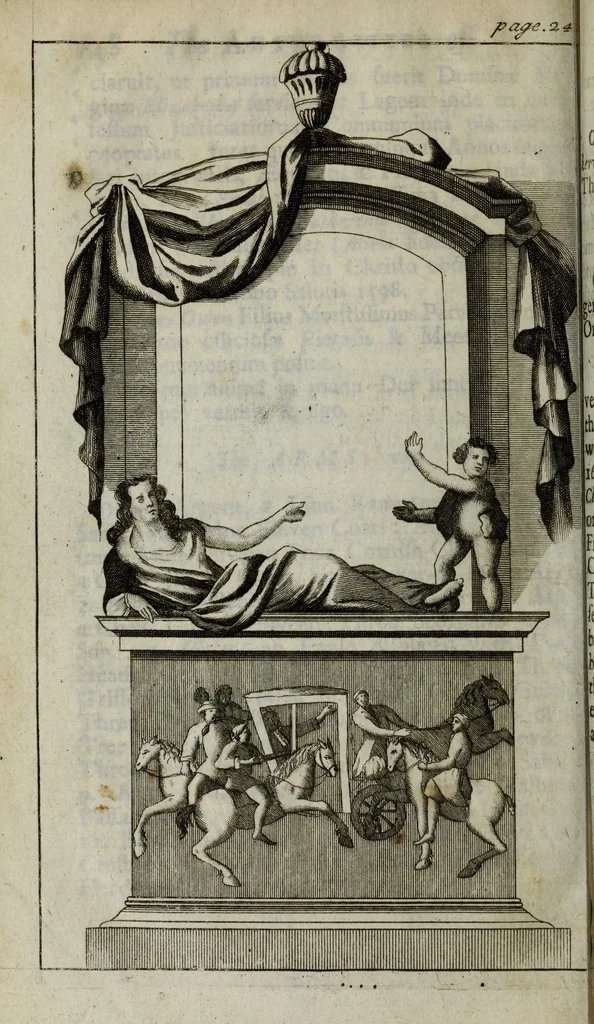 An illustration from The antiquities of St. Peters, or the abbey church of Westminster : containing all the inscriptions, epitaphs, &c. upon the tombs and grave-stones : with the lives, marriages and issue of the most eminent personages therein reposited and their coats of arms truly emblazon'd, 1711, leaf 283