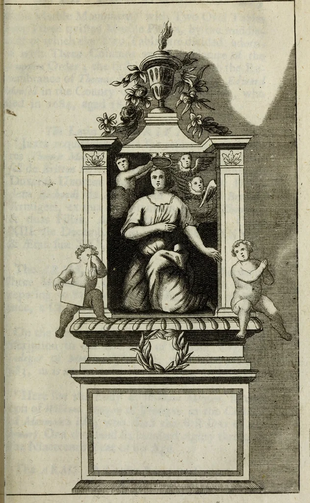 An illustration from The antiquities of St. Peters, or the abbey church of Westminster : containing all the inscriptions, epitaphs, &c. upon the tombs and grave-stones : with the lives, marriages and issue of the most eminent personages therein reposited and their coats of arms truly emblazon'd, 1711, leaf 300