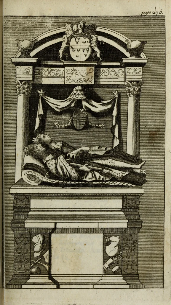 An illustration from The antiquities of St. Peters, or the abbey church of Westminster : containing all the inscriptions, epitaphs, &c. upon the tombs and grave-stones : with the lives, marriages and issue of the most eminent personages therein reposited and their coats of arms truly emblazon'd, 1711, leaf 316