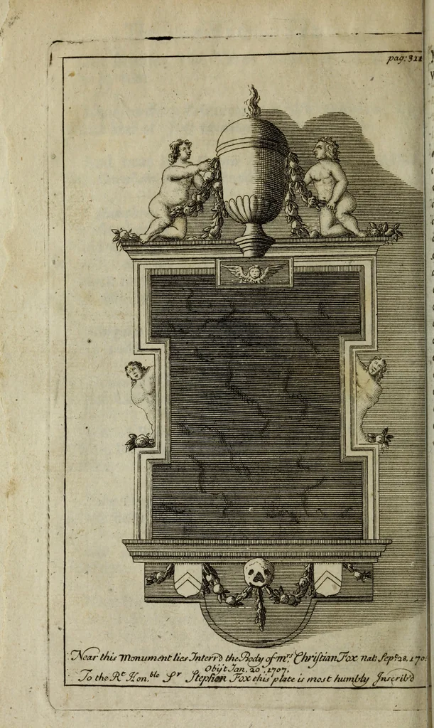 An illustration from The antiquities of St. Peters, or the abbey church of Westminster : containing all the inscriptions, epitaphs, &c. upon the tombs and grave-stones : with the lives, marriages and issue of the most eminent personages therein reposited and their coats of arms truly emblazon'd, 1711, leaf 353