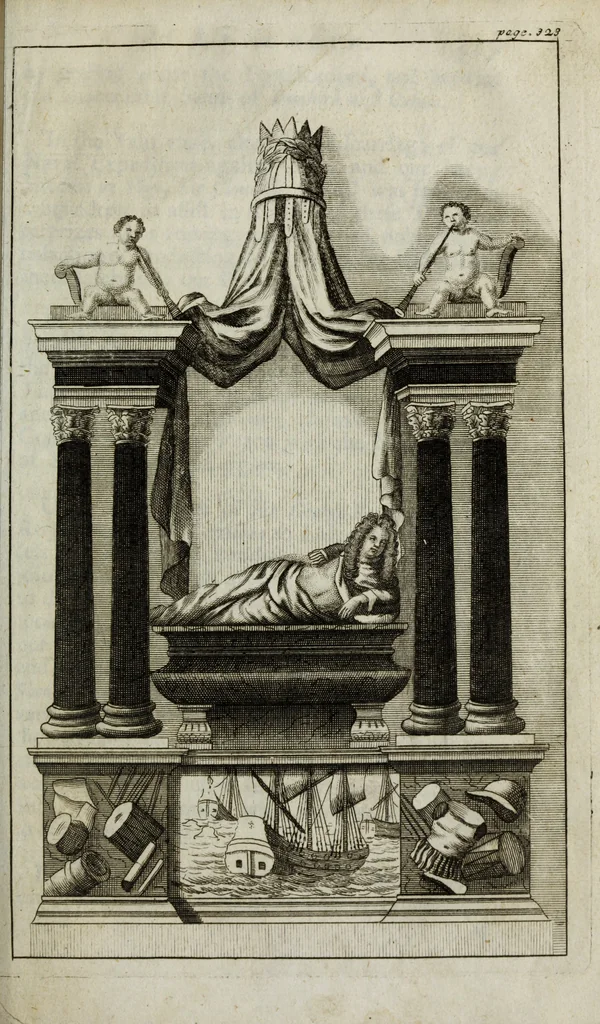 An illustration from The antiquities of St. Peters, or the abbey church of Westminster : containing all the inscriptions, epitaphs, &c. upon the tombs and grave-stones : with the lives, marriages and issue of the most eminent personages therein reposited and their coats of arms truly emblazon'd, 1711, leaf 372