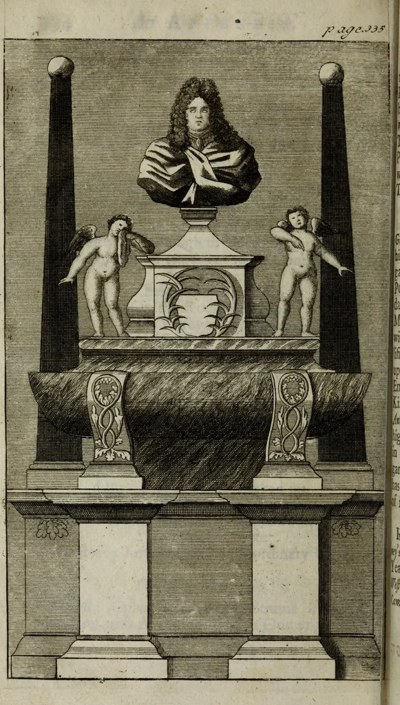 An illustration from The antiquities of St. Peters, or the abbey church of Westminster : containing all the inscriptions, epitaphs, &c. upon the tombs and grave-stones : with the lives, marriages and issue of the most eminent personages therein reposited and their coats of arms truly emblazon'd, 1711, leaf 381