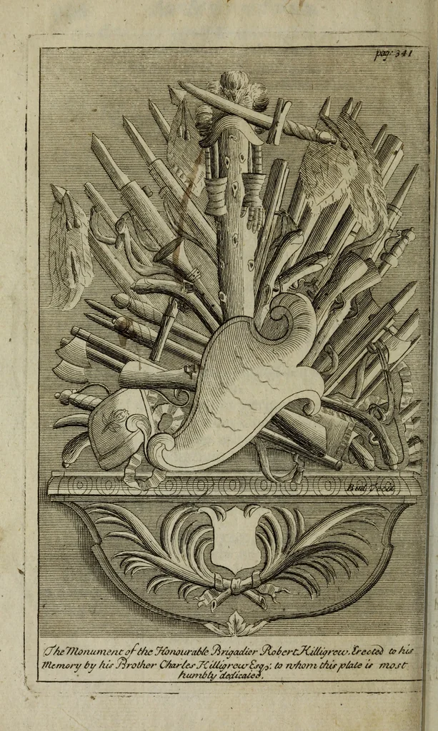 An illustration from The antiquities of St. Peters, or the abbey church of Westminster : containing all the inscriptions, epitaphs, &c. upon the tombs and grave-stones : with the lives, marriages and issue of the most eminent personages therein reposited and their coats of arms truly emblazon'd, 1711, leaf 389