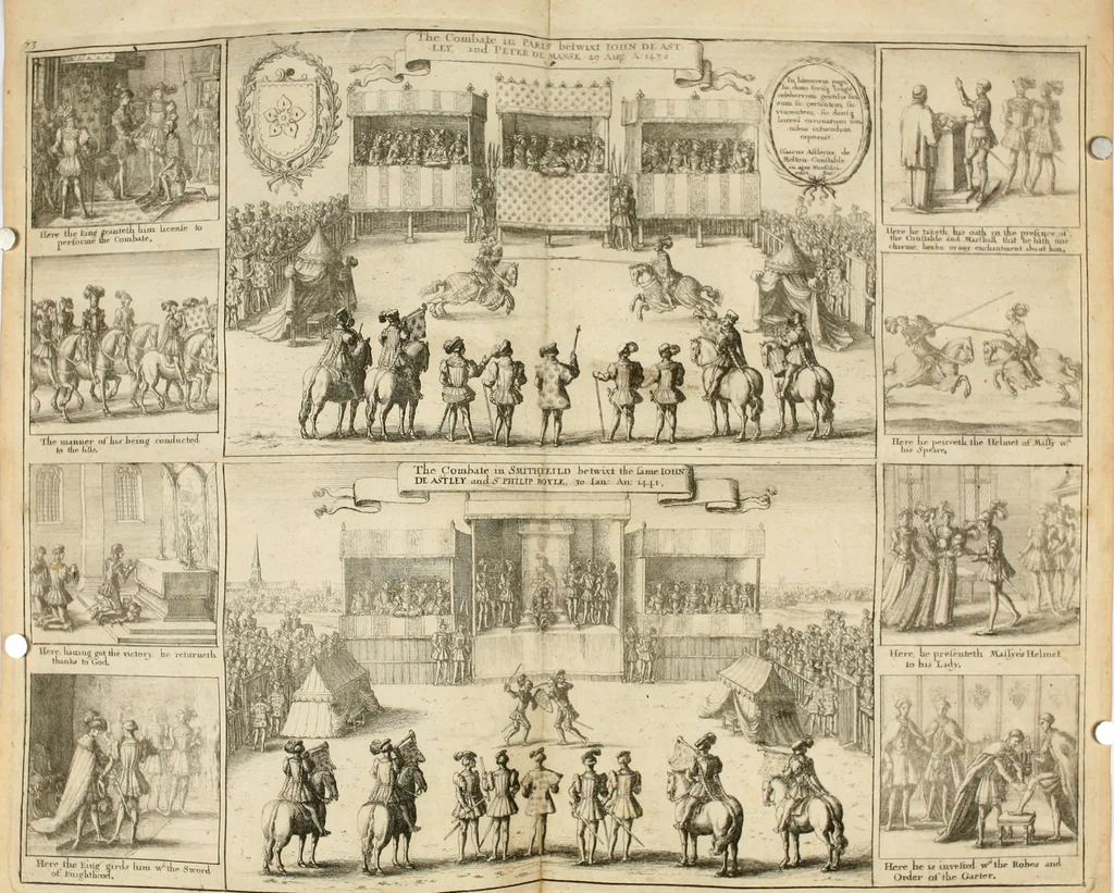 An illustration from The antiquities of Warwickshire illustrated : from records, leiger-books, manuscripts, charters, evidences, tombes, and armes : beautified with maps, prospects, and portraictures, 1656, leaf 103