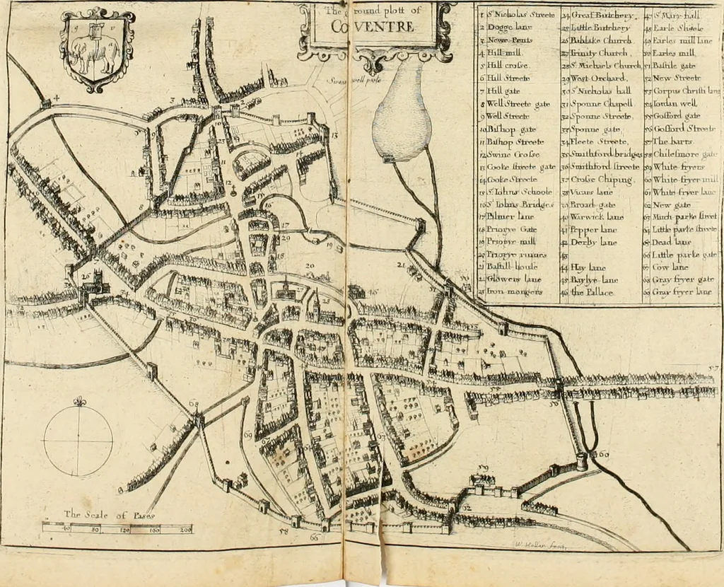 An illustration from The antiquities of Warwickshire illustrated : from records, leiger-books, manuscripts, charters, evidences, tombes, and armes : beautified with maps, prospects, and portraictures, 1656, leaf 119