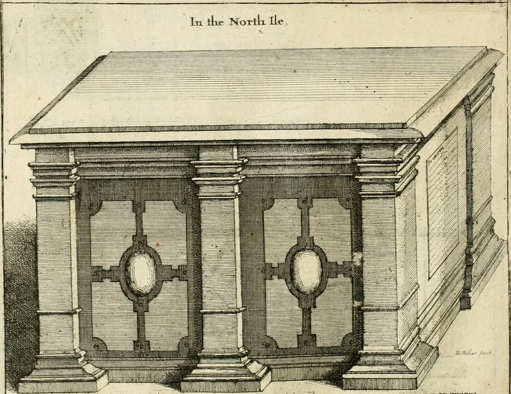 An illustration from The antiquities of Warwickshire illustrated : from records, leiger-books, manuscripts, charters, evidences, tombes, and armes : beautified with maps, prospects, and portraictures, 1656, leaf 141