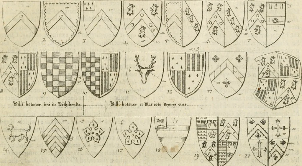 An illustration from The antiquities of Warwickshire illustrated : from records, leiger-books, manuscripts, charters, evidences, tombes, and armes : beautified with maps, prospects, and portraictures, 1656, leaf 174