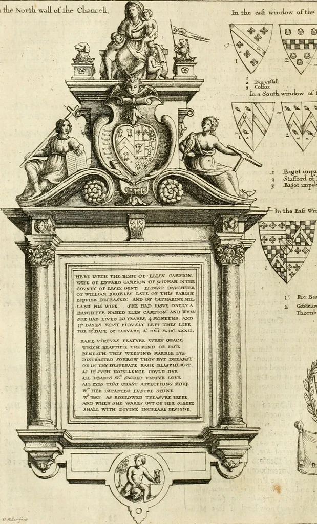 An illustration from The antiquities of Warwickshire illustrated : from records, leiger-books, manuscripts, charters, evidences, tombes, and armes : beautified with maps, prospects, and portraictures, 1656, leaf 187