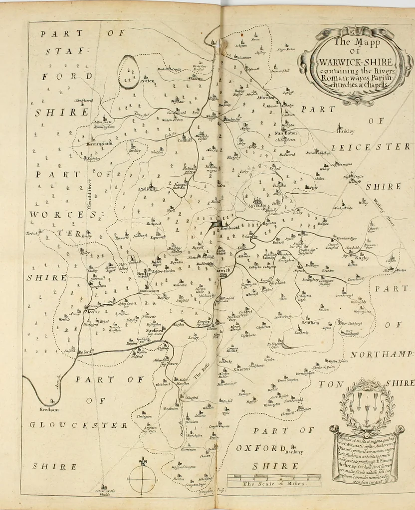 An illustration from The antiquities of Warwickshire illustrated : from records, leiger-books, manuscripts, charters, evidences, tombes, and armes : beautified with maps, prospects, and portraictures, 1656, leaf 21