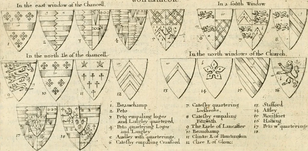 An illustration from The antiquities of Warwickshire illustrated : from records, leiger-books, manuscripts, charters, evidences, tombes, and armes : beautified with maps, prospects, and portraictures, 1656, leaf 241