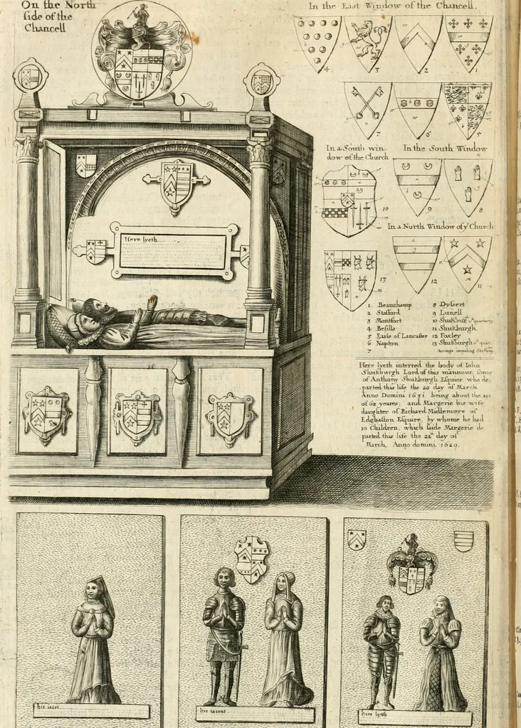 An illustration from The antiquities of Warwickshire illustrated : from records, leiger-books, manuscripts, charters, evidences, tombes, and armes : beautified with maps, prospects, and portraictures, 1656, leaf 243
