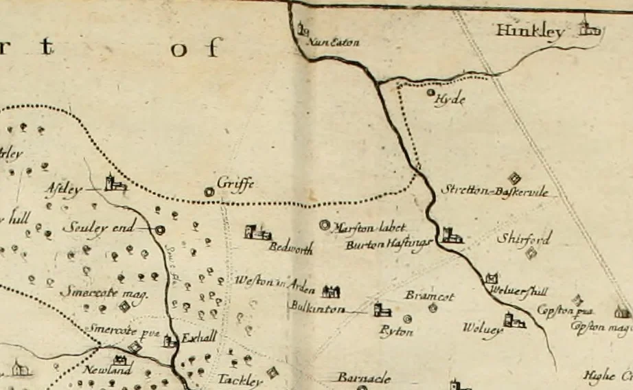 An illustration from The antiquities of Warwickshire illustrated : from records, leiger-books, manuscripts, charters, evidences, tombes, and armes : beautified with maps, prospects, and portraictures, 1656, leaf 25