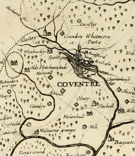 An illustration from The antiquities of Warwickshire illustrated : from records, leiger-books, manuscripts, charters, evidences, tombes, and armes : beautified with maps, prospects, and portraictures, 1656, leaf 25
