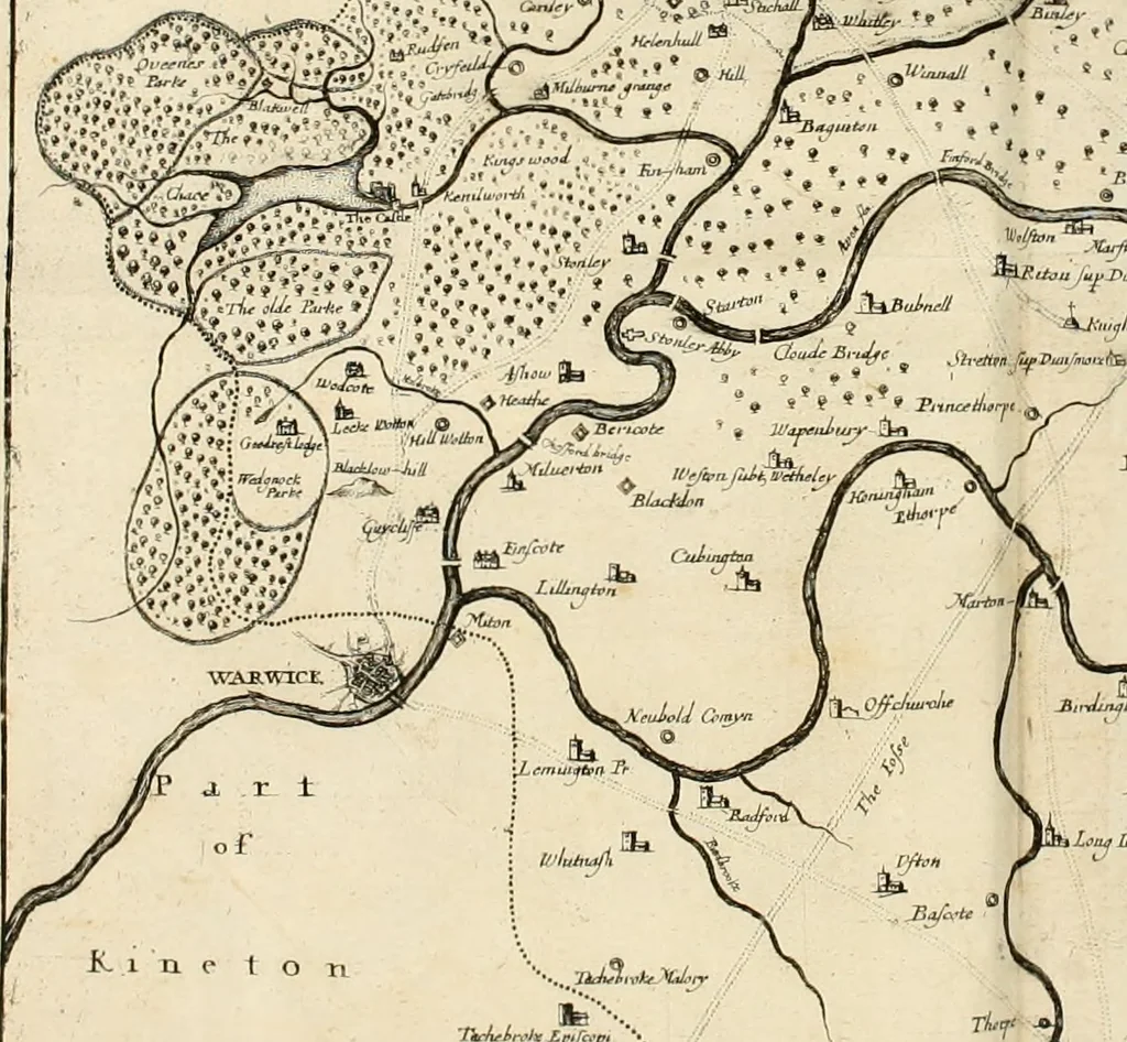 An illustration from The antiquities of Warwickshire illustrated : from records, leiger-books, manuscripts, charters, evidences, tombes, and armes : beautified with maps, prospects, and portraictures, 1656, leaf 25