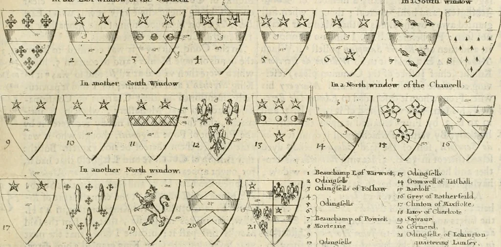 An illustration from The antiquities of Warwickshire illustrated : from records, leiger-books, manuscripts, charters, evidences, tombes, and armes : beautified with maps, prospects, and portraictures, 1656, leaf 266
