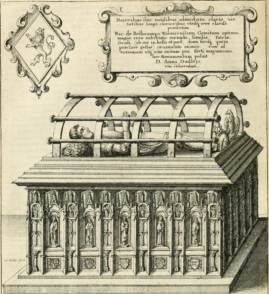 An illustration from The antiquities of Warwickshire illustrated : from records, leiger-books, manuscripts, charters, evidences, tombes, and armes : beautified with maps, prospects, and portraictures, 1656, leaf 317
