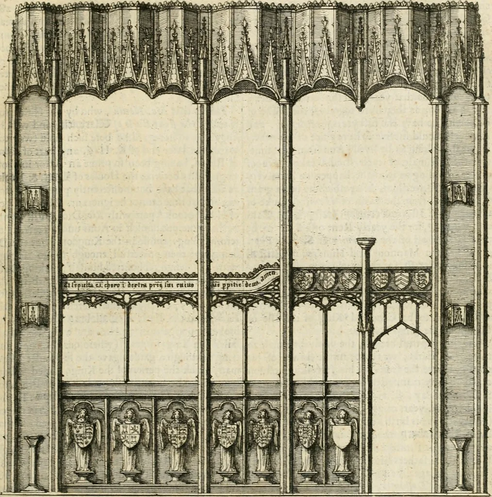 An illustration from The antiquities of Warwickshire illustrated : from records, leiger-books, manuscripts, charters, evidences, tombes, and armes : beautified with maps, prospects, and portraictures, 1656, leaf 320