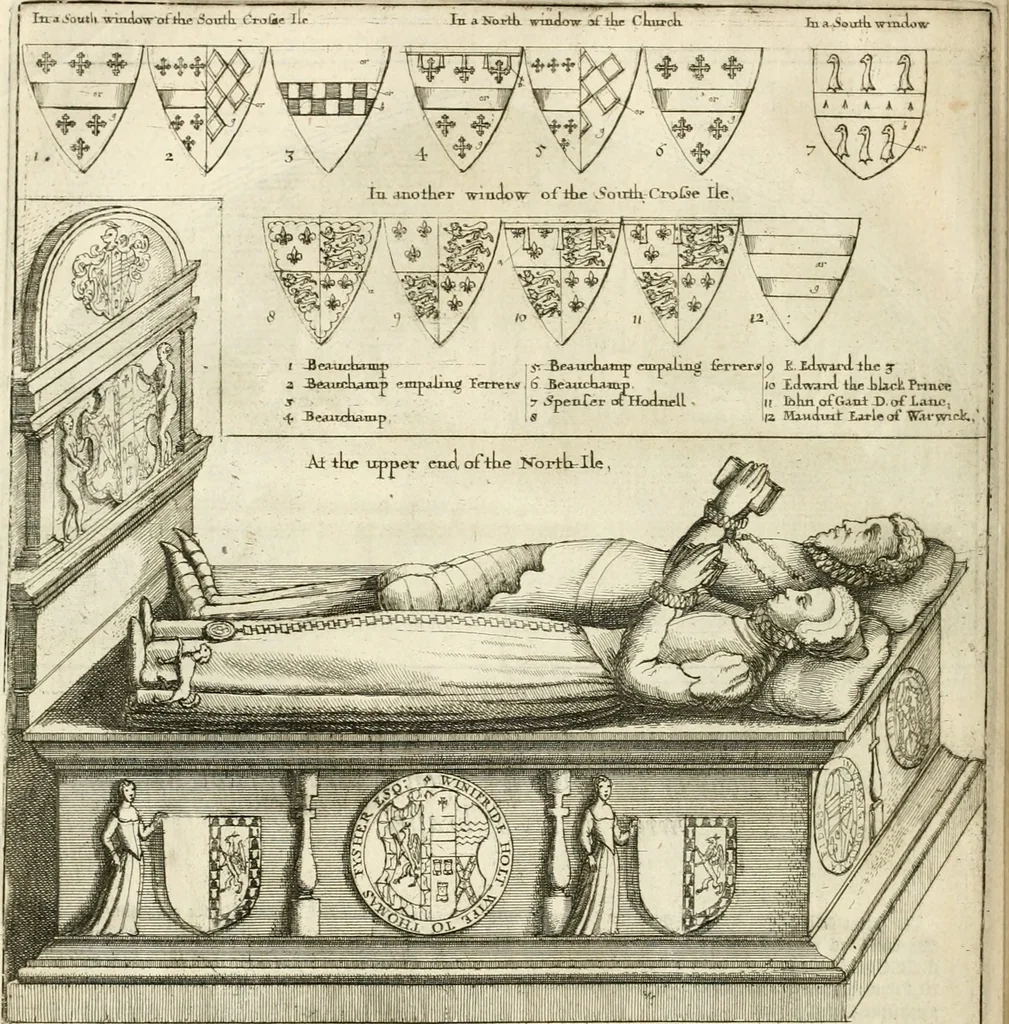 An illustration from The antiquities of Warwickshire illustrated : from records, leiger-books, manuscripts, charters, evidences, tombes, and armes : beautified with maps, prospects, and portraictures, 1656, leaf 339