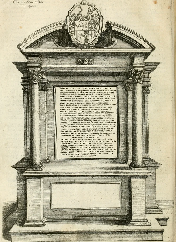 An illustration from The antiquities of Warwickshire illustrated : from records, leiger-books, manuscripts, charters, evidences, tombes, and armes : beautified with maps, prospects, and portraictures, 1656, leaf 341