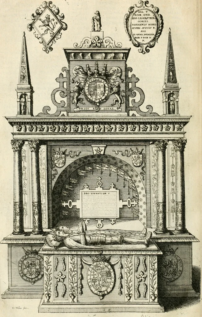 An illustration from The antiquities of Warwickshire illustrated : from records, leiger-books, manuscripts, charters, evidences, tombes, and armes : beautified with maps, prospects, and portraictures, 1656, leaf 347