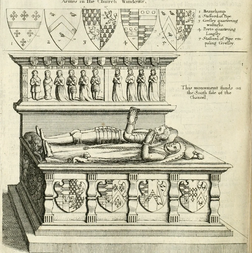 An illustration from The antiquities of Warwickshire illustrated : from records, leiger-books, manuscripts, charters, evidences, tombes, and armes : beautified with maps, prospects, and portraictures, 1656, leaf 371
