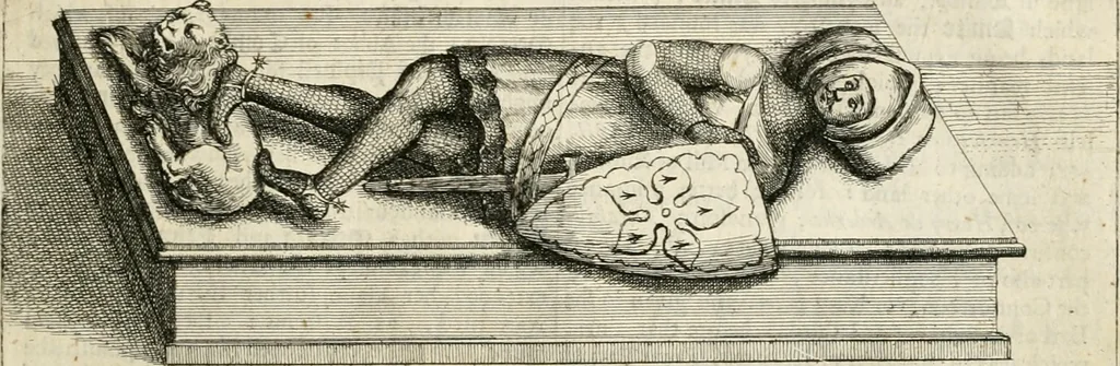 An illustration from The antiquities of Warwickshire illustrated : from records, leiger-books, manuscripts, charters, evidences, tombes, and armes : beautified with maps, prospects, and portraictures, 1656, leaf 38