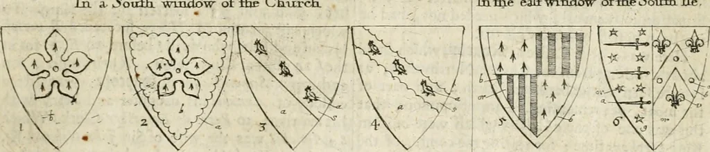 An illustration from The antiquities of Warwickshire illustrated : from records, leiger-books, manuscripts, charters, evidences, tombes, and armes : beautified with maps, prospects, and portraictures, 1656, leaf 38