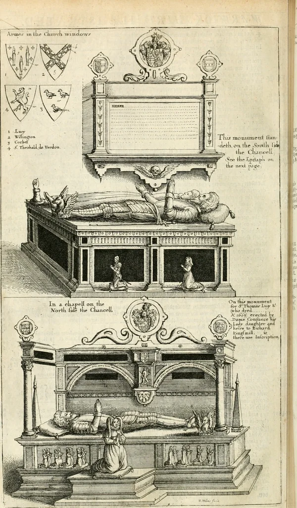An illustration from The antiquities of Warwickshire illustrated : from records, leiger-books, manuscripts, charters, evidences, tombes, and armes : beautified with maps, prospects, and portraictures, 1656, leaf 391
