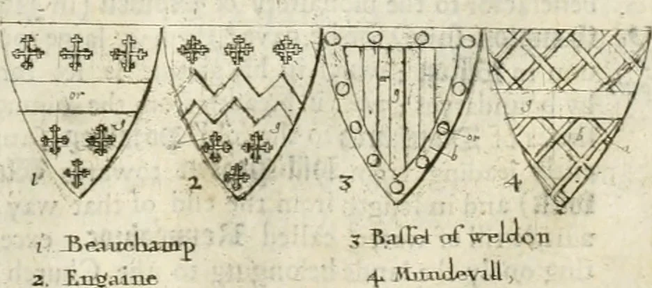 An illustration from The antiquities of Warwickshire illustrated : from records, leiger-books, manuscripts, charters, evidences, tombes, and armes : beautified with maps, prospects, and portraictures, 1656, leaf 40