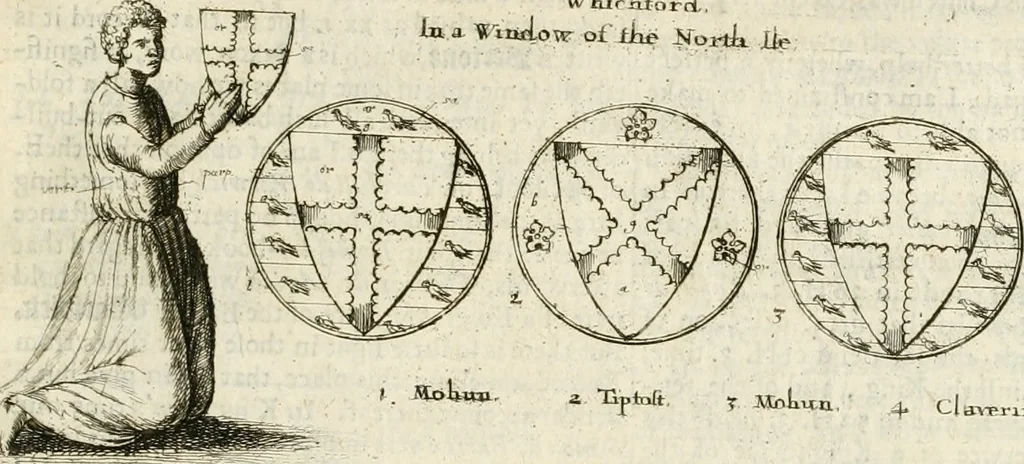 An illustration from The antiquities of Warwickshire illustrated : from records, leiger-books, manuscripts, charters, evidences, tombes, and armes : beautified with maps, prospects, and portraictures, 1656, leaf 440