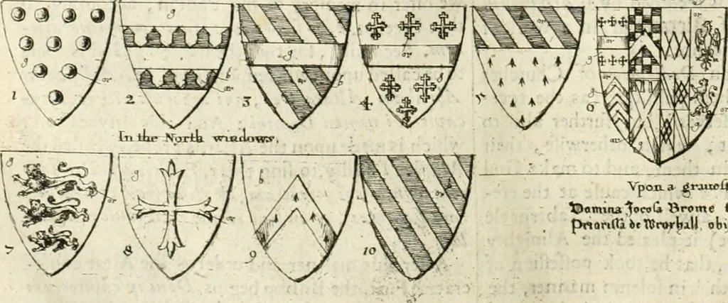 An illustration from The antiquities of Warwickshire illustrated : from records, leiger-books, manuscripts, charters, evidences, tombes, and armes : beautified with maps, prospects, and portraictures, 1656, leaf 475