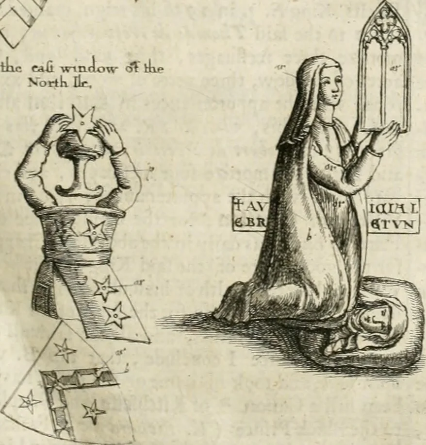 An illustration from The antiquities of Warwickshire illustrated : from records, leiger-books, manuscripts, charters, evidences, tombes, and armes : beautified with maps, prospects, and portraictures, 1656, leaf 50